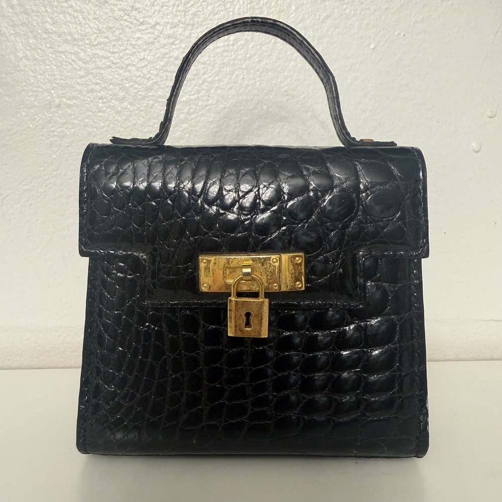 Unbranded Mini Top Handle Bag Womens Small Black Good Crocodile Embossed Lock